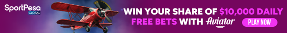 Aviator crash game banner featuring a red biplane and a daily $10,000 free bet promotion on SportPesa.