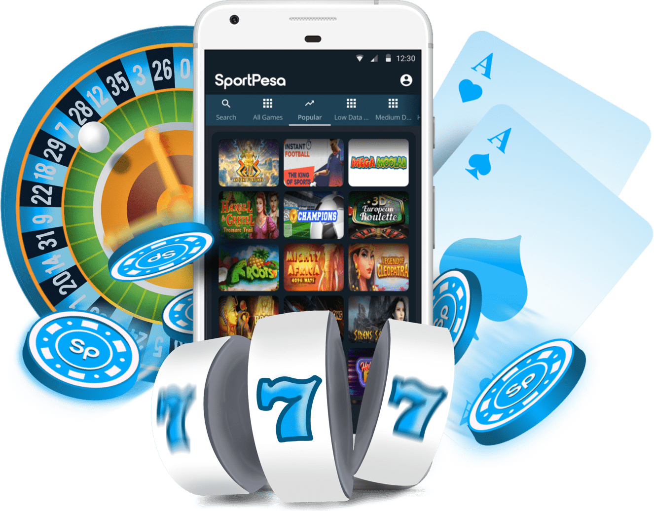 SportPesa casino games promotional graphic with mobile app screen and casino elements.