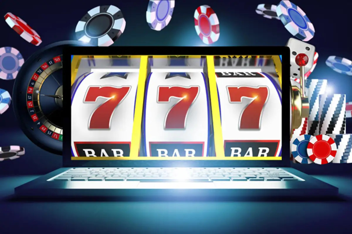 Digital casino gaming image with slots, poker chips, dice, and a roulette wheel.